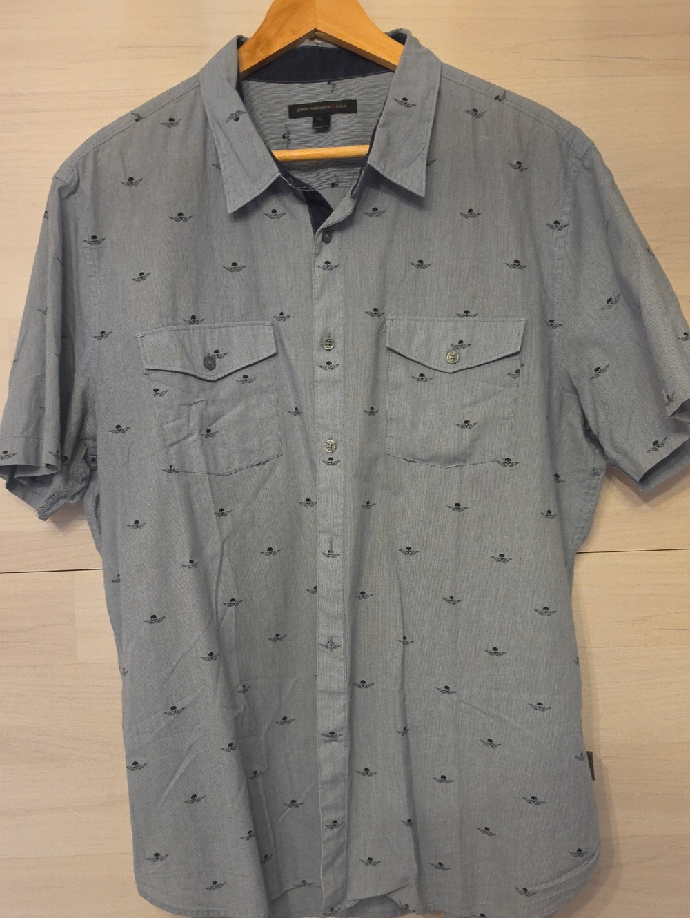 John Varvatos Light Blue Short-Sleeve Button-Down With Flying Skulls
